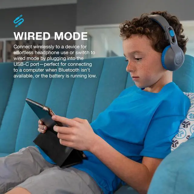 Alt view image 4 of 7 - JLab JBuddies Studio 2 Two-In-One Wireless & Wired On-ear Kids Headphones, Bluetooth, Volume Safe, with Microphone, Blue/Gray