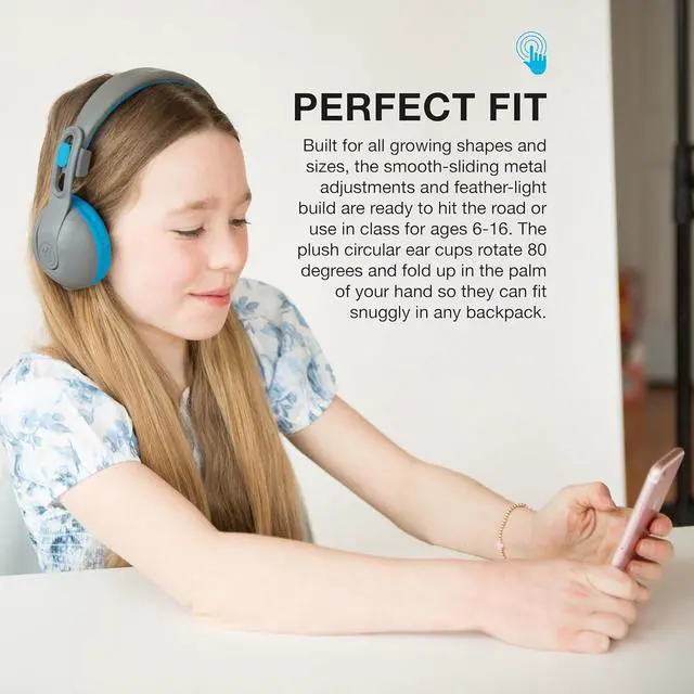Alt view image 6 of 7 - JLab JBuddies Studio 2 Two-In-One Wireless & Wired On-ear Kids Headphones, Bluetooth, Volume Safe, with Microphone, Blue/Gray