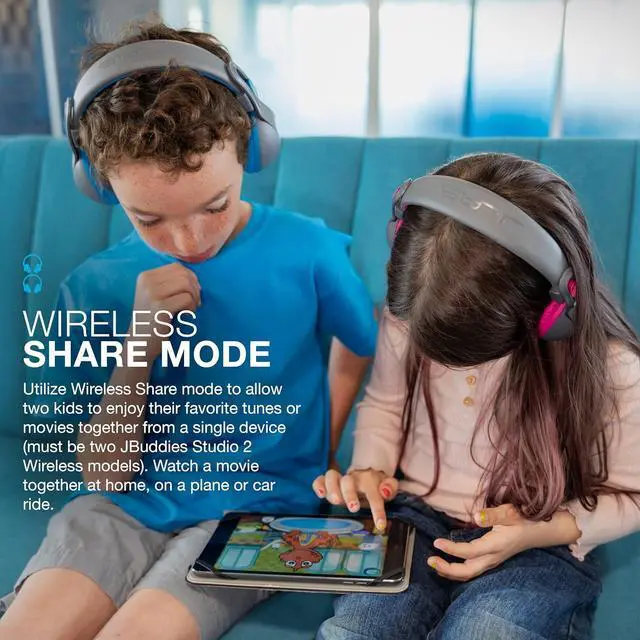 Alt view image 3 of 7 - JLab JBuddies Studio 2 Two-In-One Wireless & Wired On-ear Kids Headphones, Bluetooth, Volume Safe, with Microphone, Blue/Gray