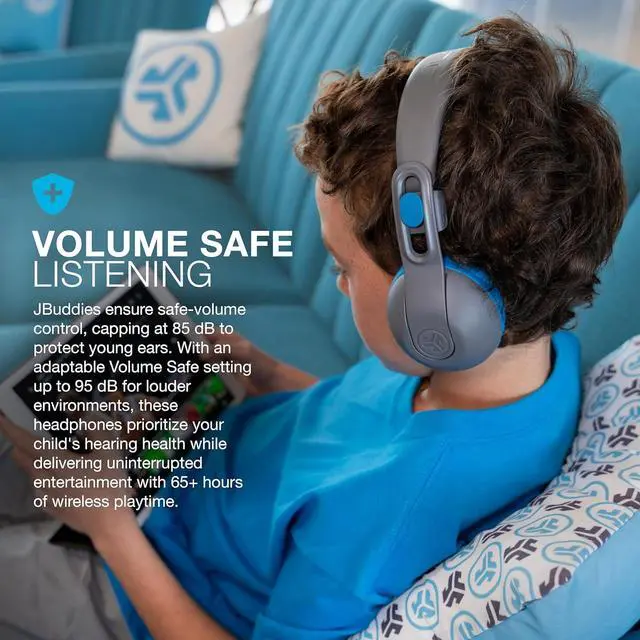 Alt view image 2 of 7 - JLab JBuddies Studio 2 Two-In-One Wireless & Wired On-ear Kids Headphones, Bluetooth, Volume Safe, with Microphone, Blue/Gray