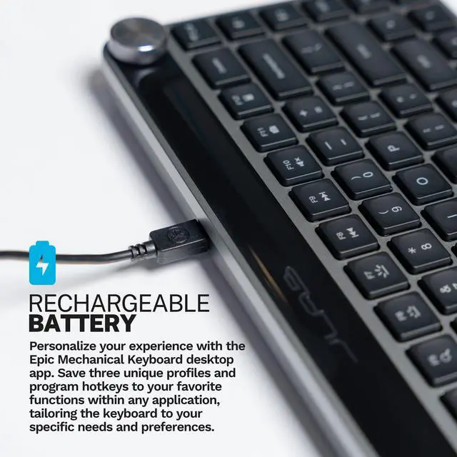 Alt view image 6 of 7 - JLab Epic Mini Wireless Keyboard, Black, 84 Keys, Bluetooth or USB Wireless Dongle, Multi-Device Switching, Illuminated Keys, Smart Media Knob, Custom Profiles, OS Toggle, Rechargeable