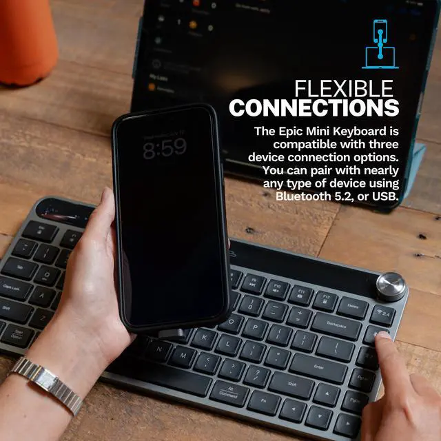 Alt view image 2 of 7 - JLab Epic Mini Wireless Keyboard, Black, 84 Keys, Bluetooth or USB Wireless Dongle, Multi-Device Switching, Illuminated Keys, Smart Media Knob, Custom Profiles, OS Toggle, Rechargeable