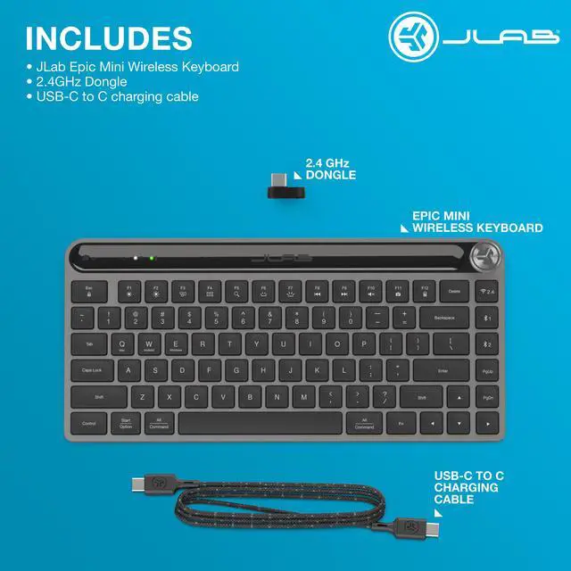 Alt view image 7 of 7 - JLab Epic Mini Wireless Keyboard, Black, 84 Keys, Bluetooth or USB Wireless Dongle, Multi-Device Switching, Illuminated Keys, Smart Media Knob, Custom Profiles, OS Toggle, Rechargeable