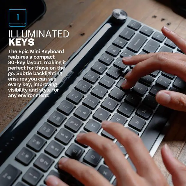 Alt view image 4 of 7 - JLab Epic Mini Wireless Keyboard, Black, 84 Keys, Bluetooth or USB Wireless Dongle, Multi-Device Switching, Illuminated Keys, Smart Media Knob, Custom Profiles, OS Toggle, Rechargeable