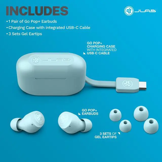 Alt view image 7 of 7 - JLab Go Pop+ True Wireless Bluetooth Earbuds, Charging Case, Light Blue, Dual Connect, IPX4 Sweat Resistance, Bluetooth 5.3 Connection, 3 EQ Sound Settings Signature, Balanced, Bass Boost