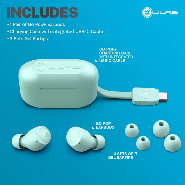 Alt view image 7 of 7 - JLab Go Pop+ True Wireless Bluetooth Earbuds, Charging Case, Mint, Dual Connect, IPX4 Sweat Resistance, Bluetooth 5.3 Connection, 3 EQ Sound Settings Signature, Balanced, Bass Boost
