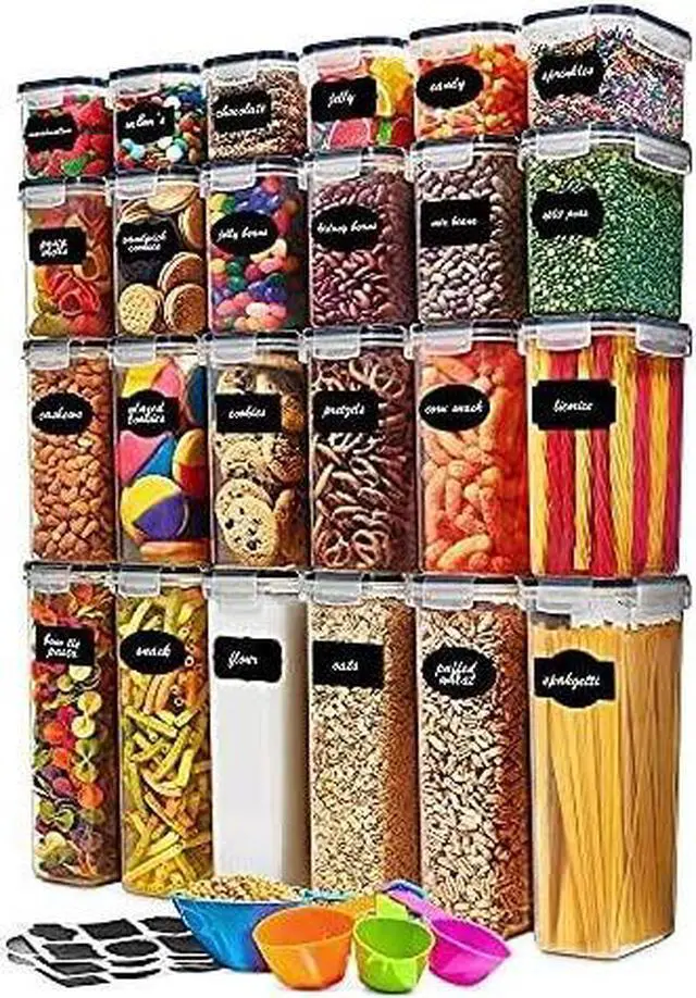 Main image of 24 Pack Airtight Food Storage Container Set - BPA Free Clear Plastic Kitchen and Pantry Organization Canisters with Durable Lids for Cereal, Dry Food Flour & Sugar - Labels, Marker & Spoon Set