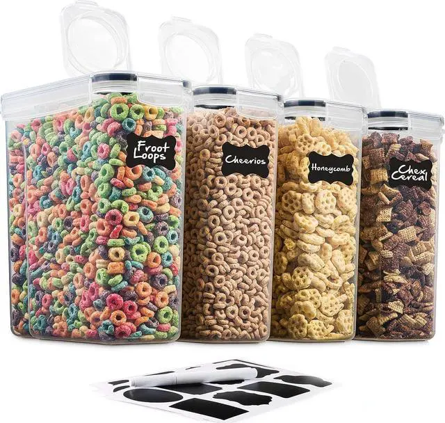 Main image of 4 Pack Airtight Cereal & Dry Food Storage Container - BPA Free Plastic Kitchen and Pantry Organization Canisters for, Flour, Sugar, Rice, Nuts, Snacks, Pet Food & More (4L, 16.9 Cup, 135.5 Ounce