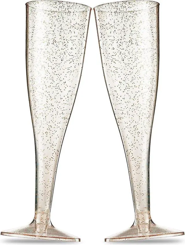 Main image of 50 Plastic Champagne Flutes - Disposable Champagne Flute - Gold Glitter Plastic Champagne Glasses for Parties, Mimosa Bar, Events, Wedding and Shower Party Supplies - Toasting Cocktail Cups