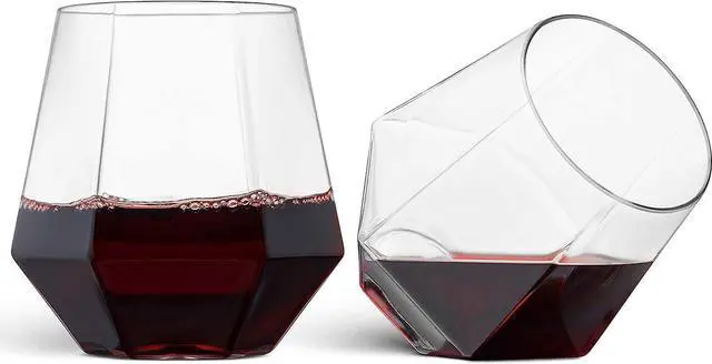 Main image of 32 Pack Diamond Shaped Plastic Stemless Wine Glasses Disposable 12 Oz Clear Plastic Wine Whiskey Cups Shatterproof Recyclable and BPA-Free