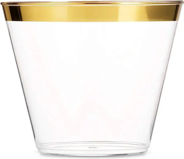 Main image of 100 Gold Plastic Cups 9 Oz Clear Plastic Cups Old Fashioned Tumblers Gold Rimmed Cups Fancy Disposable Wedding Cups Elegant Party Cups with Gold Rim