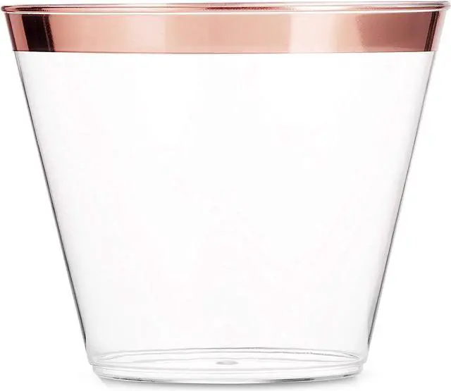 Main image of 100 Rose Gold Plastic Cups 9 Oz Clear Plastic Cups Old Fashioned Tumblers Rose Gold Rimmed Cups Fancy Disposable Wedding Cups Elegant Party Cups with Rose Gold Rim