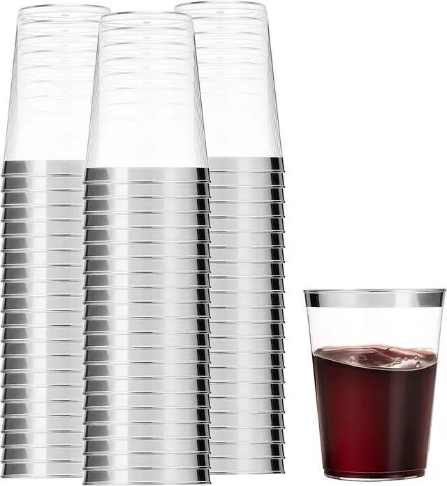 Main image of 100 Silver Plastic Cups 12 Oz Clear Plastic Cups Tumblers Silver Rimmed Cups Fancy Disposable Wedding Cups Elegant Party Cups with Silver Rim