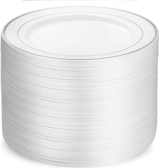 Main image of 100 Piece Plastic Party Plates White Silver Rim, Premium Heavy Duty 10.25 Inch Dinner Plates Elegant Fancy Heavy Duty Disposable Wedding Plates