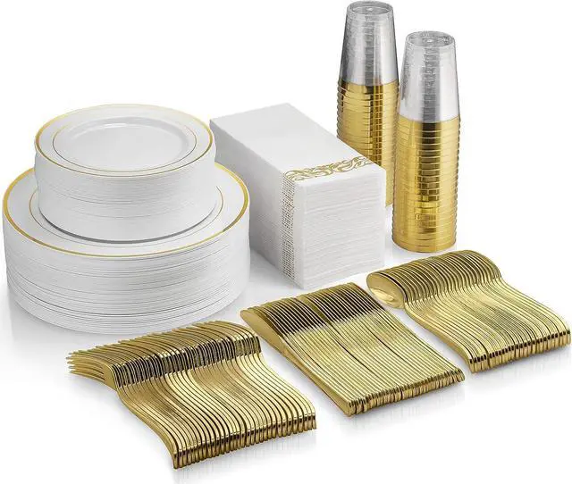 Main image of 350 Piece Gold Dinnerware Set - 50 Guest Gold Rim Plastic Plates - 50 Gold Plastic Silverware - 50 Gold Rim Plastic Cups - 50 Linen Like Gold Paper Napkins, Disposable