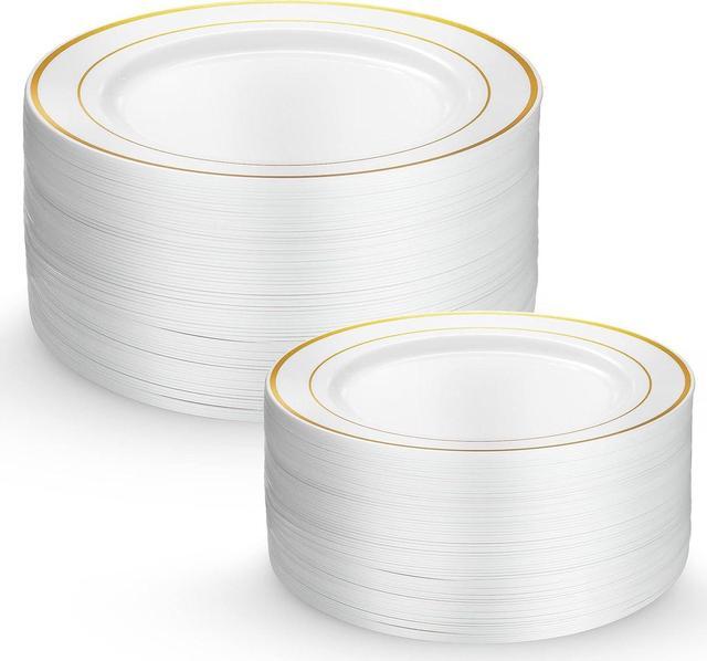 Main image of Plastic Wedding Party Plates 60 Piece White Gold Rim, Elegant Fancy 30 Premium Heavy Duty 10.25 Inch Dinner Plates and 30 Disposable 7.5 Inch Dessert Appetizer