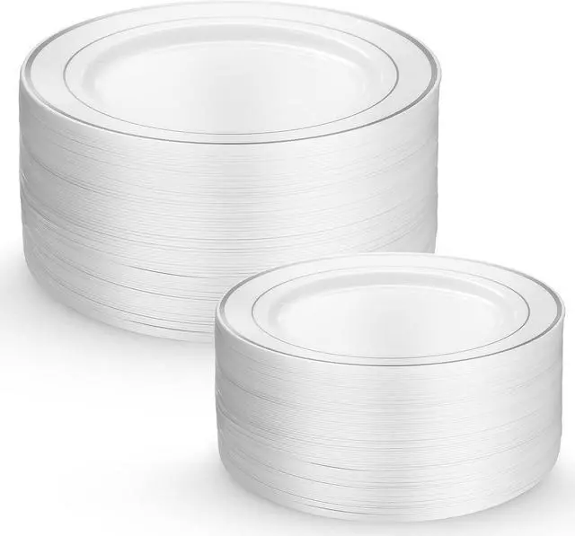 Main image of 60 Piece Plastic Wedding Party Plates White Silver Rim, 30 Premium 10.25 Inch Dinner Plates and 30 Disposable 7.5 Inch Dessert Appetizer Elegant Fancy Heavy Duty