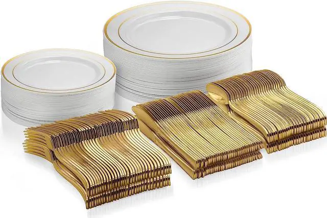 Main image of 125 Piece Gold Dinnerware Party Set - 50 Gold Rim Plastic Plates, 25 Dinner 25 Dessert Plates, 75 Gold Silverware, 25 Knives, 25 Forks, 25 Spoons - 25 Guest Disposable Set for Wedding Birthday Parties