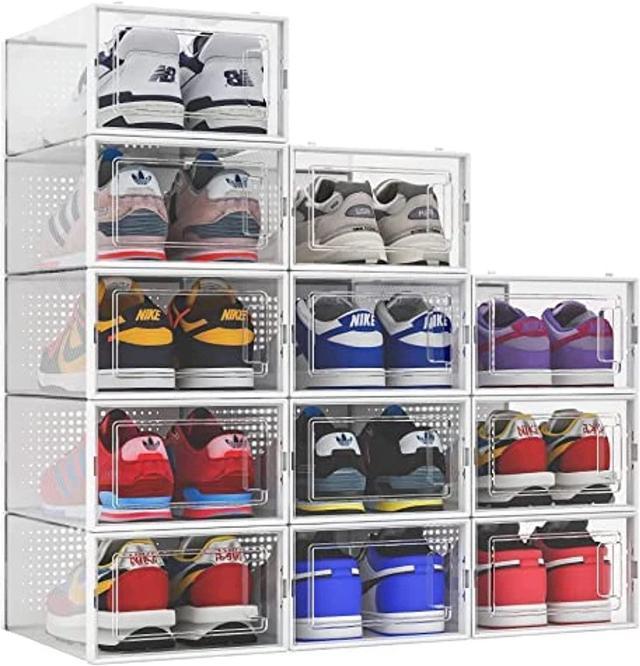 12 Pack Shoe Storage Boxes, Clear Plastic Stackable Shoe Organizer Bins,  Drawer Type Front Opening Shoe Holder Containers 