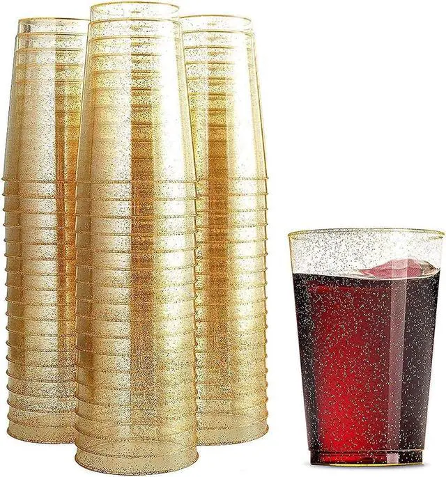 Main image of 100 Glitter Plastic Cups 12 Oz Clear Plastic Cups Tumblers Gold Glitter Cups Disposable Wedding Cups Elegant Party Cups Recyclable and BPA-Free
