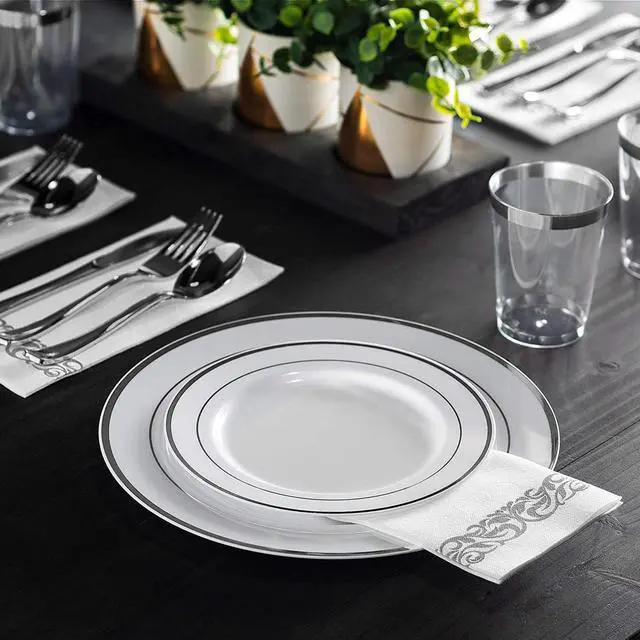 Alt view image 5 of 7 - 600 Piece Silver Dinnerware Set -100 Silver Rim 10 inch Plastic Plates 100 Silver Rim 7 Inch Plates -300 Silver Plastic Silverware -100 Silver Plastic Cups -100 Guest Disposable Silver Dinnerware Set