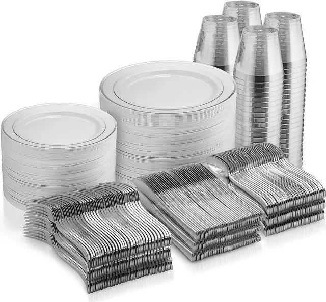 Main image of 600 Piece Silver Dinnerware Set -100 Silver Rim 10 inch Plastic Plates 100 Silver Rim 7 Inch Plates -300 Silver Plastic Silverware -100 Silver Plastic Cups -100 Guest Disposable Silver Dinnerware Set
