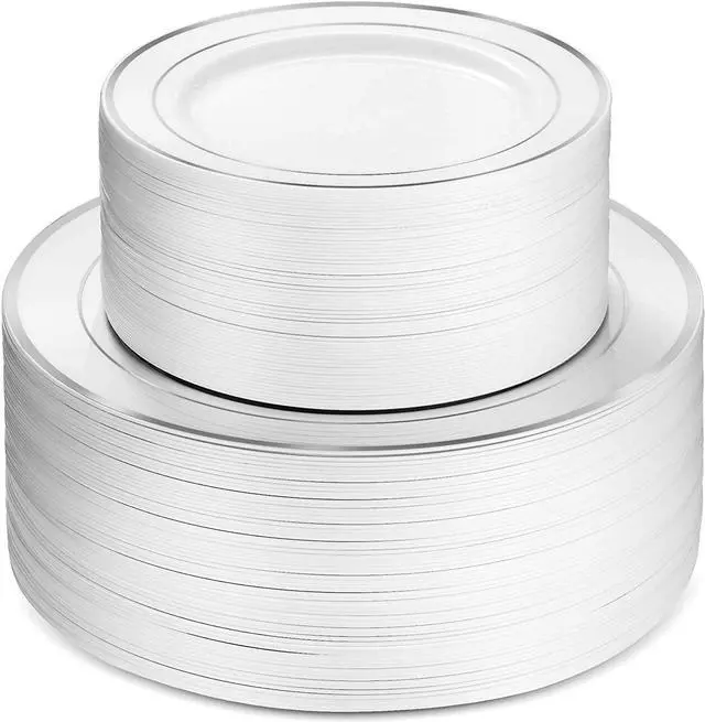 Alt view image 7 of 7 - 600 Piece Silver Dinnerware Set -100 Silver Rim 10 inch Plastic Plates 100 Silver Rim 7 Inch Plates -300 Silver Plastic Silverware -100 Silver Plastic Cups -100 Guest Disposable Silver Dinnerware Set