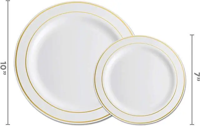 Alt view image 2 of 7 - 600 Piece Gold Dinnerware Set - 100 Gold Rim 10 inch Plastic Plates 100 Gold Rim 7 Inch Plates -300 Gold Plastic Silverware - 100 Gold Plastic Cups - 100 Guest Disposable Gold Dinnerware Set