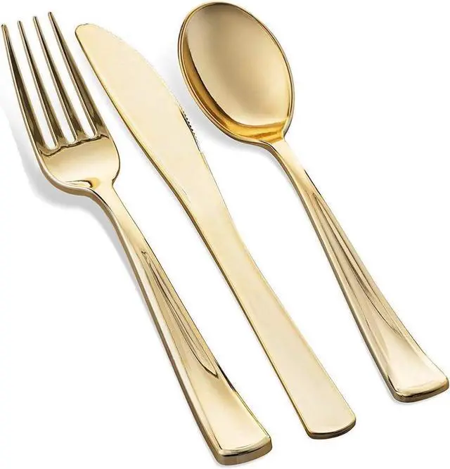 Alt view image 3 of 7 - 600 Piece Gold Dinnerware Set - 100 Gold Rim 10 inch Plastic Plates 100 Gold Rim 7 Inch Plates -300 Gold Plastic Silverware - 100 Gold Plastic Cups - 100 Guest Disposable Gold Dinnerware Set