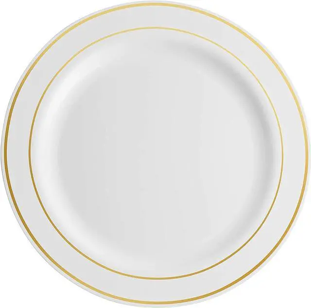 Alt view image 6 of 7 - 600 Piece Gold Dinnerware Set - 100 Gold Rim 10 inch Plastic Plates 100 Gold Rim 7 Inch Plates -300 Gold Plastic Silverware - 100 Gold Plastic Cups - 100 Guest Disposable Gold Dinnerware Set
