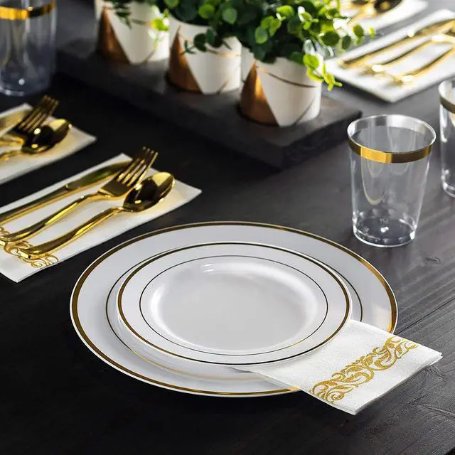 Alt view image 5 of 7 - 600 Piece Gold Dinnerware Set - 100 Gold Rim 10 inch Plastic Plates 100 Gold Rim 7 Inch Plates -300 Gold Plastic Silverware - 100 Gold Plastic Cups - 100 Guest Disposable Gold Dinnerware Set