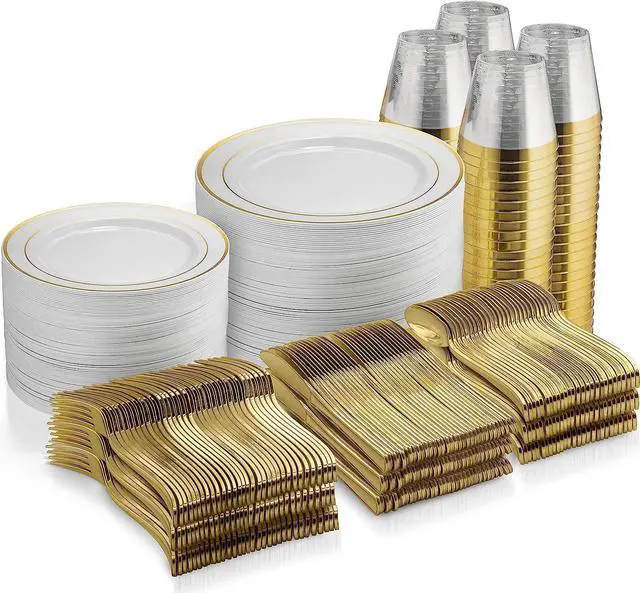 Main image of 600 Piece Gold Dinnerware Set - 100 Gold Rim 10 inch Plastic Plates 100 Gold Rim 7 Inch Plates -300 Gold Plastic Silverware - 100 Gold Plastic Cups - 100 Guest Disposable Gold Dinnerware Set
