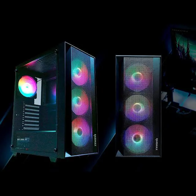 Alt view image 7 of 7 - Raidmax Vector V100 Gaming Case with 4 Pre-Installed Rainbow Fans, ATX Mid Tower Case, Gaming PC (Black)