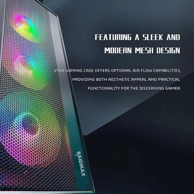 Alt view image 6 of 7 - Raidmax Vector V100 Gaming Case with 4 Pre-Installed Rainbow Fans, ATX Mid Tower Case, Gaming PC (Black)