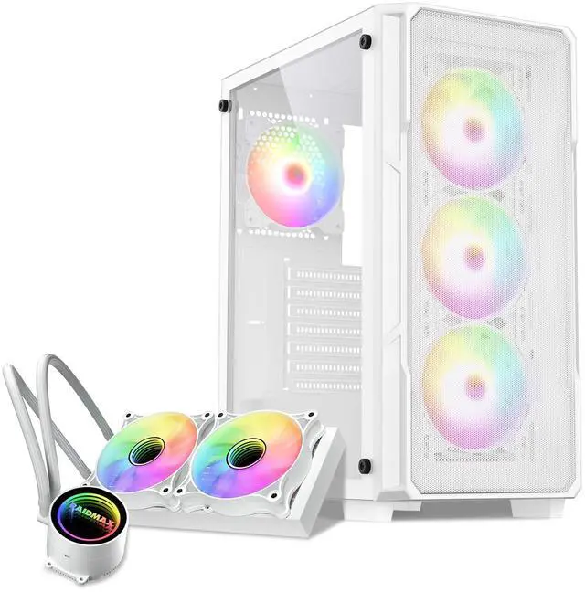 Main image of Raidmax V212 ATX Gaming PC Case, White, Mesh Front Panel, Tempered Glass, 4 Static RGB Color Fans, 240mm AIO Liquid Cooler