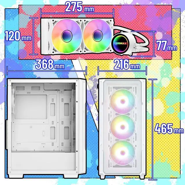 Alt view image 3 of 6 - Raidmax V212 ATX Gaming PC Case, White, Mesh Front Panel, Tempered Glass, 4 Static RGB Color Fans, 240mm AIO Liquid Cooler