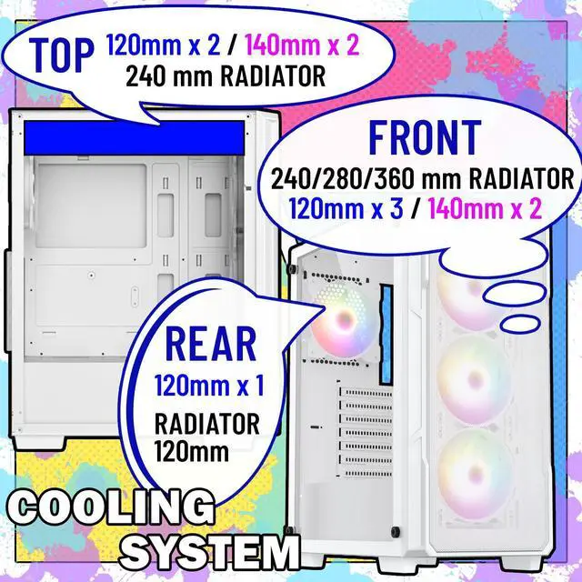 Alt view image 4 of 6 - Raidmax V212 ATX Gaming PC Case, White, Mesh Front Panel, Tempered Glass, 4 Static RGB Color Fans, 240mm AIO Liquid Cooler