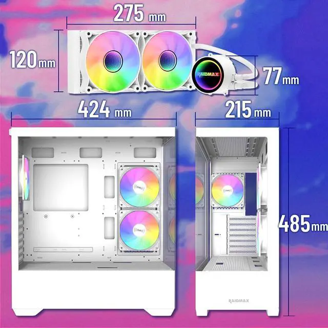 Alt view image 4 of 6 - Raidmax I801 Panoramic Tempered Glass Mid Tower ATX PC Case with 3 Pre-Installed ARGB Fans, White Combo with 240mm AIO Liquid Cooler  Modern Gaming Chassis with Wide Interior and Efficient Cooling