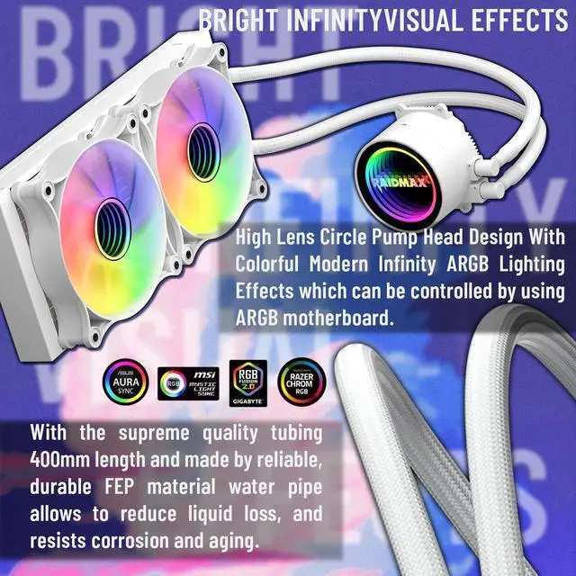 Alt view image 3 of 6 - Raidmax I801 Panoramic Tempered Glass Mid Tower ATX PC Case with 3 Pre-Installed ARGB Fans, White Combo with 240mm AIO Liquid Cooler  Modern Gaming Chassis with Wide Interior and Efficient Cooling