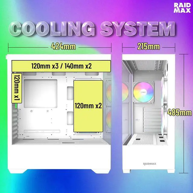 Alt view image 4 of 6 - Raidmax I801 White Panoramic Gaming Case with 700W 80+ Gold PSU, ATX Mid Tower, Tempered Glass, Pre-Installed 3 x 120mm ARGB Fans, Supports 240/360mm Liquid Cooler & RTX 50 Series GPU