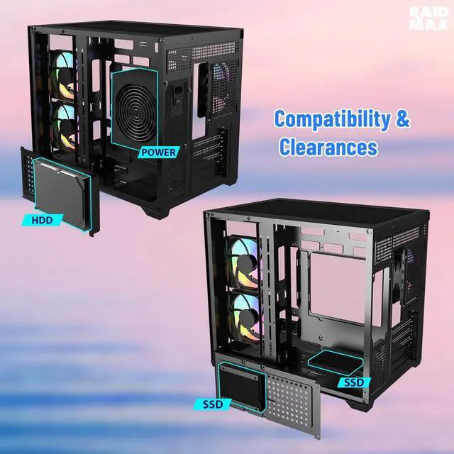 Alt view image 4 of 6 - Raidmax i600 Micro-ATX Dual-Chamber Gaming Case, 3 ARGB Fans Pre-Installed, Panoramic Glass, Bundled 700W Power Supply & 240mm Liquid Cooler, Compact High-Airflow Build