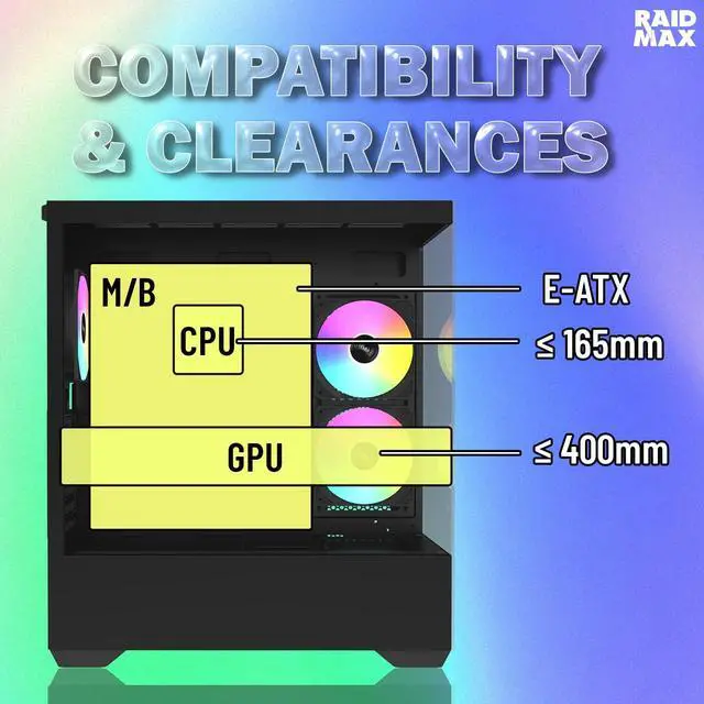 Alt view image 6 of 7 - Raidmax i801 ATX Mid Tower Gaming Case, 3 ARGB Fans Pre-Installed, Panoramic Tempered Glass, Bundled 700W Power Supply & 360mm Liquid Cooler, High Compatibility Layout
