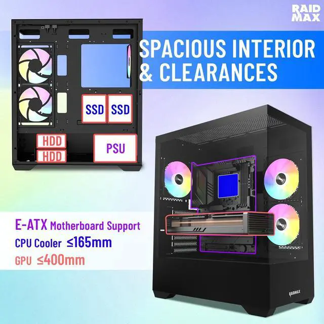 Alt view image 5 of 6 - RAIDMAX I801 ATX Gaming PC Case Bundle, Panoramic Tempered Glass Mid Tower, Pre-Installed 3x ARGB Fans, 700W PSU + 240mm Liquid Cooler, Supports 400mm GPU, AMD 5000/7000 Series & Intel 12/13/14th Gen