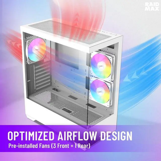 Alt view image 2 of 5 - RAIDMAX I801 ATX Gaming PC Case White Color Bundle,Pre-Installed 3x ARGB Fans, Includes 700W PSU + 240mm Liquid Cooler, Supports 400mm GPU, AMD 5000/7000 Series & Intel 12/13/14th Gen