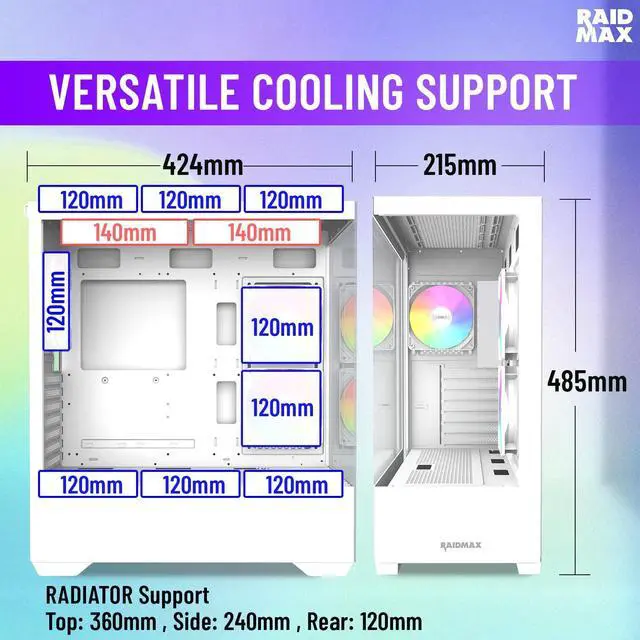 Alt view image 4 of 5 - RAIDMAX I801 ATX Gaming PC Case White Color Bundle,Pre-Installed 3x ARGB Fans, Includes 700W PSU + 240mm Liquid Cooler, Supports 400mm GPU, AMD 5000/7000 Series & Intel 12/13/14th Gen