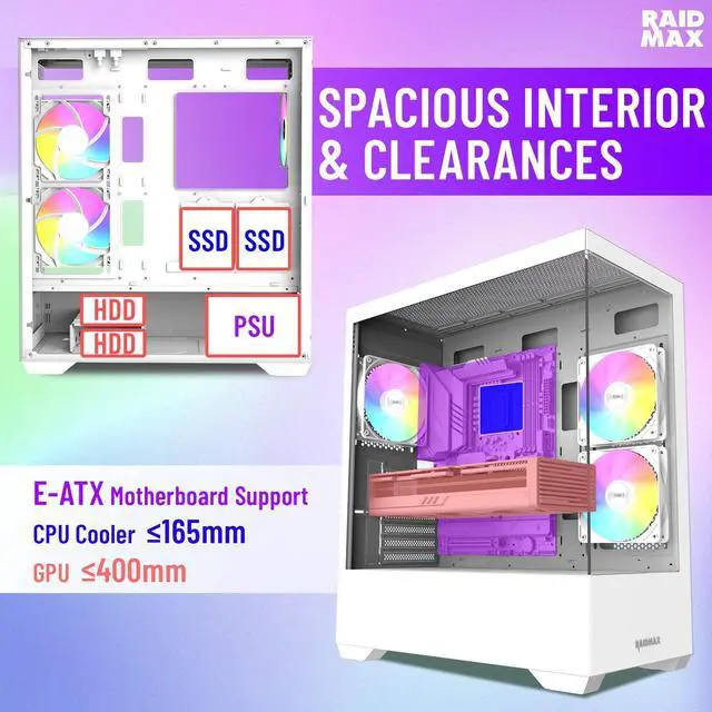 Alt view image 5 of 5 - RAIDMAX I801 ATX Gaming PC Case White Color Bundle,Pre-Installed 3x ARGB Fans, Includes 700W PSU + 240mm Liquid Cooler, Supports 400mm GPU, AMD 5000/7000 Series & Intel 12/13/14th Gen