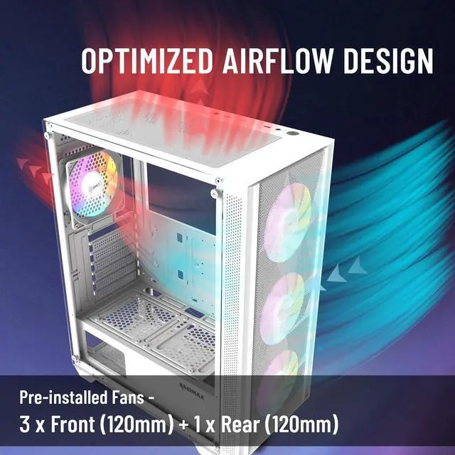 Alt view image 2 of 6 - RAIDMAX V217 ATX Mid Tower Mesh Gaming PC Case, High Airflow Front Panel Design, 4x 120mm ARGB Fans Pre-Installed, Tempered Glass Side Panel, Supports 305mm GPU / 240mm Radiator