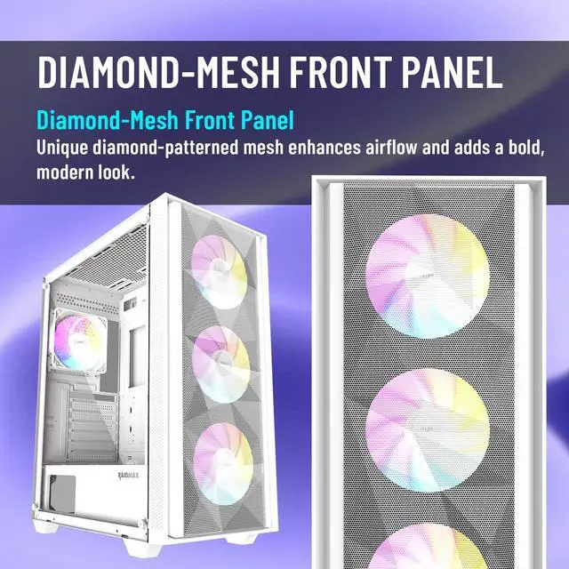 Alt view image 3 of 6 - RAIDMAX V217 ATX Mid Tower Mesh Gaming PC Case, High Airflow Front Panel Design, 4x 120mm ARGB Fans Pre-Installed, Tempered Glass Side Panel, Supports 305mm GPU / 240mm Radiator