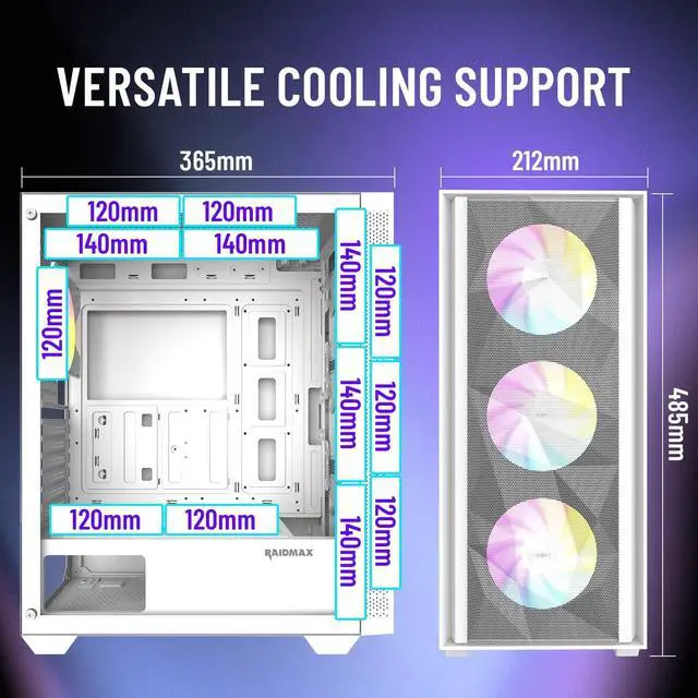 Alt view image 5 of 6 - RAIDMAX V217 ATX Mid Tower Mesh Gaming PC Case, High Airflow Front Panel Design, 4x 120mm ARGB Fans Pre-Installed, Tempered Glass Side Panel, Supports 305mm GPU / 240mm Radiator