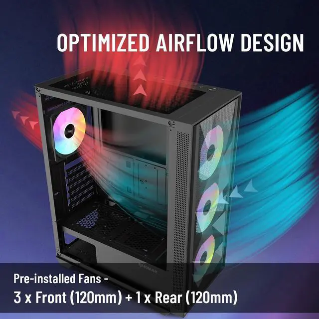 Alt view image 2 of 6 - RAIDMAX V217 ATX Mid Tower Mesh Gaming PC Case, High Airflow Front Panel Design, 4x 120mm ARGB Fans Pre-Installed, Tempered Glass Side Panel, Supports 305mm GPU / 240mm Radiator